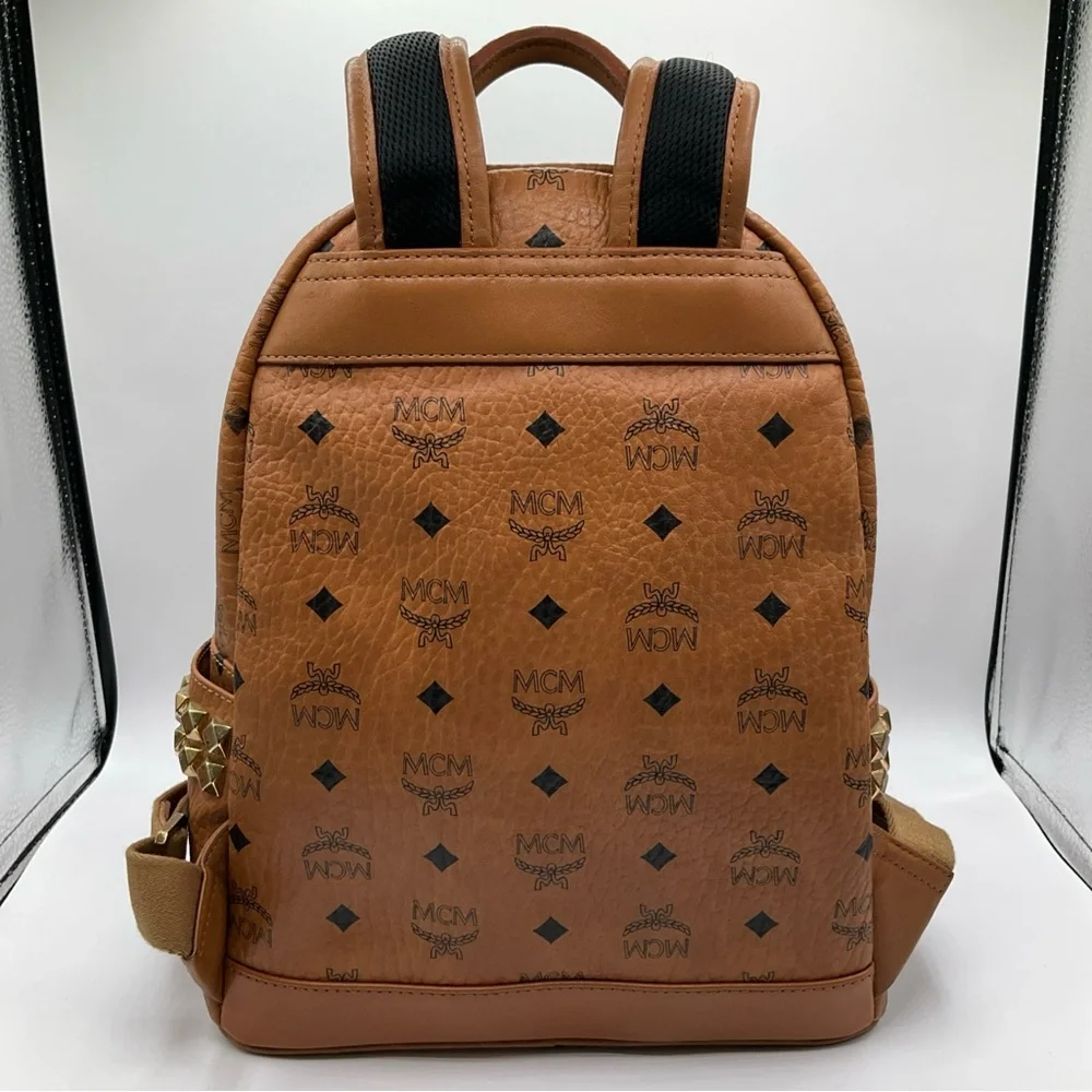 MCM Visetos Brown Cognac Monogram Gold Studded Leather Backpack - Picture 13 of 15